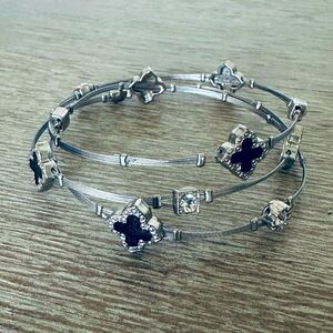 Guitar String Silver Crystal Charm Bangle Bracelet Set of 3
